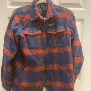 Patagonia women’s Navy and Orange Plaid Shirt Jacket